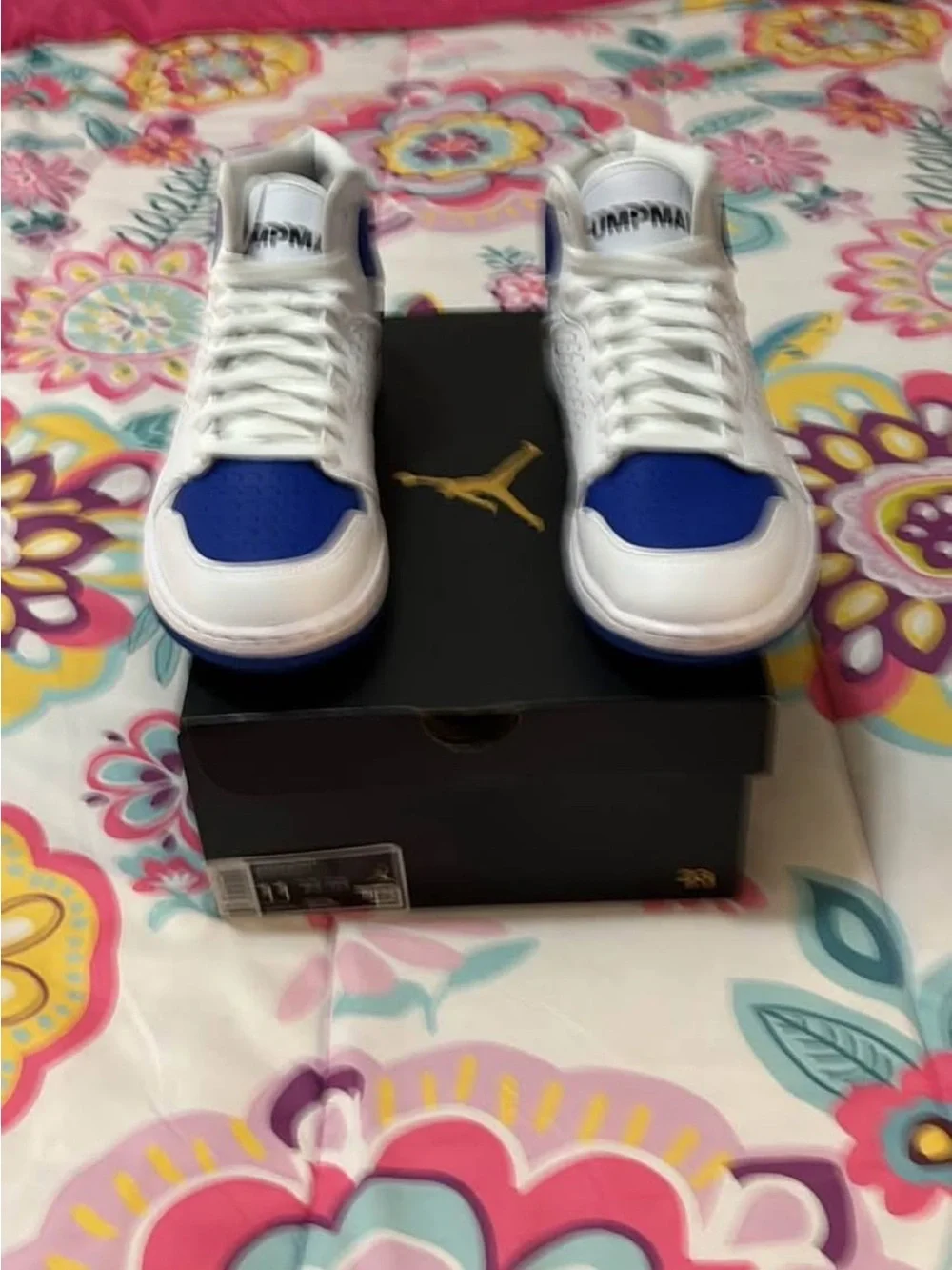 Jordan White and Royal Blue High-Top Sneakers